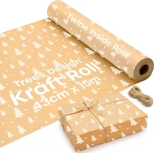 15m Kraft Christmas Wrapping Paper Roll - Eco-Friendly Paper with Tree Design for Gifts, Recyclable Gift Wrap 43cm Wide