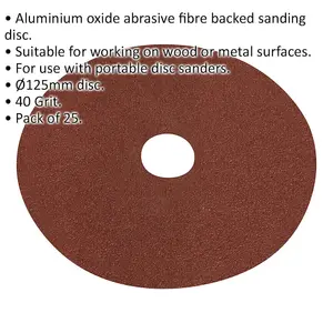 25 Pack of 125mm Aluminium Oxide Sanding Discs - 40 Grit for Wood and Metal