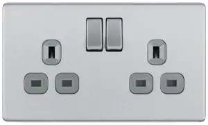 GoodHome Brushed Steel Double 13A Socket & Grey inserts, Pack of 5