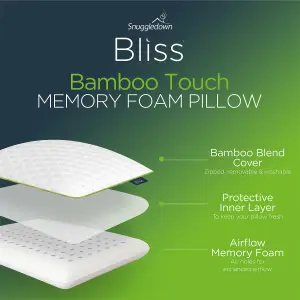 Snuggledown Bamboo Memory Foam Pillow 1 Pack Medium Support Orthopaedic Pillow Machine Washable Zipped Cover 74x48cm