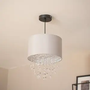 ValueLights Lulu Easy Fit Grey Fabric Acrylic Jewel Droplet Drum Ceiling Light Shade - Bulb Included