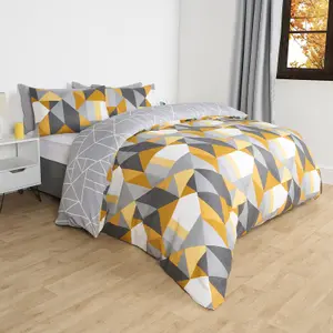 Duvet Cover Bedding Set Pillowcase Geometric Reversible Quilt, Ochre - Single