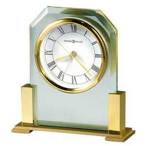 Modern & Contemporary Roman Numeral Quartz Movement / Crystal Alarm Tabletop Clock in Polished Brass/Clear