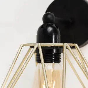 ValueLights Cambourne Industrial Satin Black Pipework Single Wall Light with Gold Metal Cage Light Shade