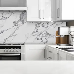 Splashwall Black & white Greek Marble effect MDF Splashback, (H)1220mm (W)2440mm (T)10mm