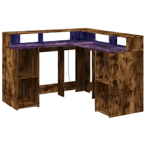 Berkfield Desk with LED Lights Smoked Oak 130x130x91 cm Engineered Wood