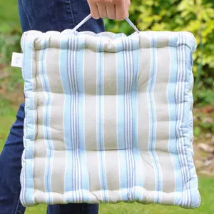 Set of 4 Blue Striped Outdoor Garden Chair Box Seat Pad Cushions