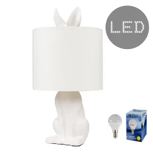 ValueLights Lepus Modern White Ceramic Rabbit/Hare Table Lamp with White Shade - Includes LED Golfball Bulb In Warm White