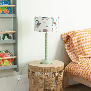 Sage Green Bobbin Stem Table Lamp with Cartoon Dino Drum Shade for Living Room Bedroom