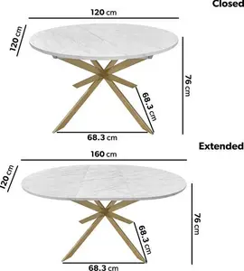 Round To Oval White Marble Effect Extendable Dining Table With Gold Legs - Seats 4 - 6 - Reine