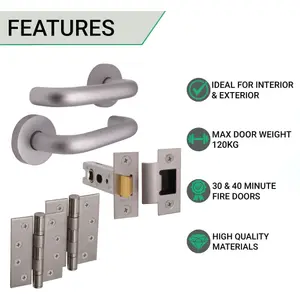 AFIT Satin Aluminium Return To Door Lever on Rose Handle Latch Kit - 102mm Hinges 76mm Latch