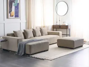 Corner Sofa with Ottoman LUNGO Beige Corduroy Right Hand