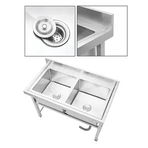 110cm Double Bowl Commercial Freestanding Stainless Steel Kitchen Catering Sink with Splashback for Food Prep