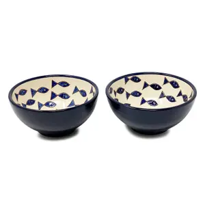 Signature Blue & White Fish Hand Painted Ceramic Set of 2 Appetiser Bowls (D) 15cm