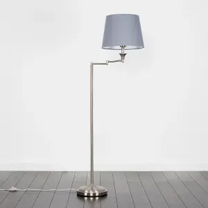 ValueLights Sinatra Adjustable Swing Arm Floor Lamp In Brushed Chrome Finish with Grey Light Shade