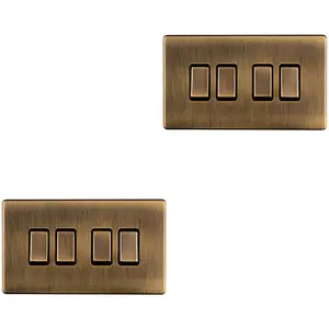 2 PACK 4 Gang Quad Light Switch SCREWLESS ANTIQUE BRASS 2 Way 10A Slim Rocker