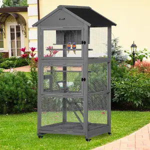 PawHut Bird Cage Wooden Aviary for Canary Cockatiel Parrot w/ Wheels Tray