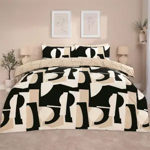 Geometric Duvet Cover Pillowcase Bedding Set Shapes Quilt, Natural - Single