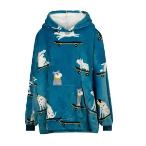 Urban Unique Skater Dogs Sherpa Fleece Hoodie Blanket/Throw Blue Oversized