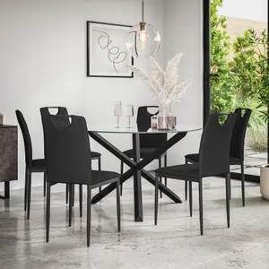 Malvern Round Dining Table And Chairs - Clear Glass Table Top w Solid Oak Black Legs + 6 Monza Faux Leather Dining Chairs (Black)