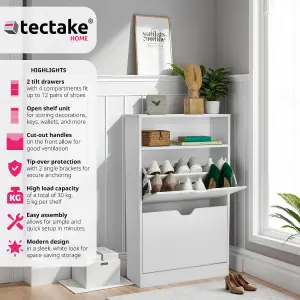 Shoe Cabinet Calea - 2 tilt compartments for 12 pairs of shoes, open shelf space - white