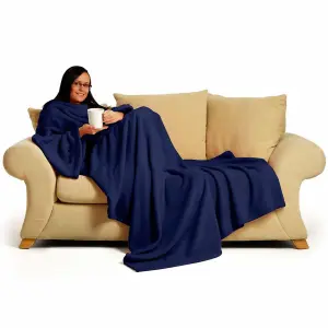 Navy Snug Rug Deluxe Blanket With Sleeves Luxury Cosy Super Soft Coral Fleece Fabric Long Oversized Pouch Pocket Adults