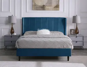 Amelia 5ft King Size Bed in Blue Velvet Fabric with elegant winged headboard