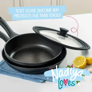 Prestige Nadiya Black Round Aluminium Non-Stick Frying Pan Set with Multi Size Lid 24 & 26cm Twin Pack