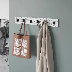 Decortie Modern Flow Wall-Mounted Hanger White Engineered Wood w/6 Black Metal Hooks Storage Coat Rack 63(W)x1.8(D)x9.8cm