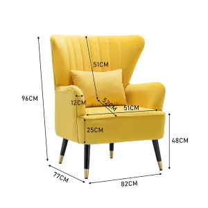 Modern Wing Back Velvet Tufted Armchair, Yellow Upholstered Occasional Chair Accent Sofa Chair with Lumbar Pillow