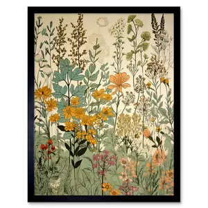 Adalberta Wildflower Vintage Botanical Yellow Green Teal Pink - Single Picture Frame Print