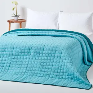 Homescapes Cotton Quilted Reversible Bedspread Teal & Blue, 150 x 200 cm