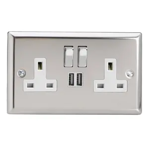 Varilight 2-Gang 13A Single Pole Switched Socket + 2x5V DC 2100mA USB Charging Ports  Chrome