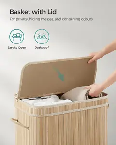 SONGMICS Bamboo Laundry Basket, Large Hamper with Lid, Machine Washable Basket, Handles, for Bedroom, Washroom, Natural