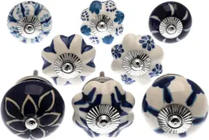 MangoTreeKnobs Hand Painted Door Knobs in Blue and White Set of 8 Drawer Pulls