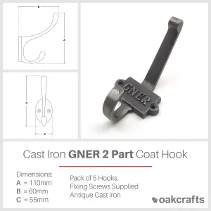 Oakcrafts - Antique Cast Iron GNER Railway Coat Hook - Pack of 5