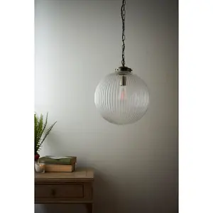 Bateson 1 - Light Globe Pendant Antique Brass/Clear Ribbed Glass / 100cm H x 35cm W x 35cm D