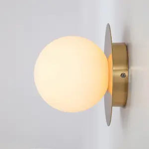 houseof Frosted Glass Opal Ball Shade Disk Wall Light Bathroom Compatible - Gold Brass