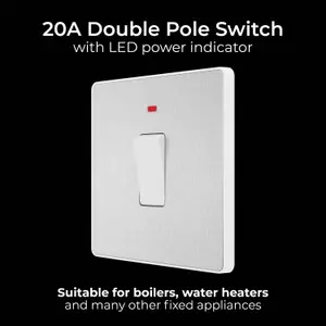 BG Evolve 20A Double Pole Single Wall Switch with LED, Brushed Steel