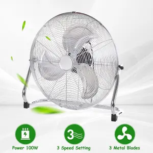 HOMIU 16" Floor Fan, Floor Standing High Velocity Electric Portable Cooling Fan with 3 Speed, Chrome Gym Fan