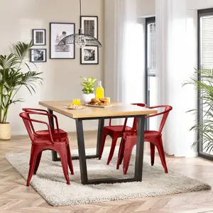 Furniturebox UK 4 Seater Wood Dining Table - Cotswold 'Oak' Herringbone Dining Table & 4 Red Colton Retro Metal Arm Chairs