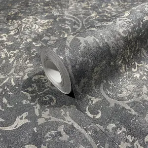 Galerie The New design Book Metallic Black/Silver Ornamental Mottled Damask Wallpaper Roll