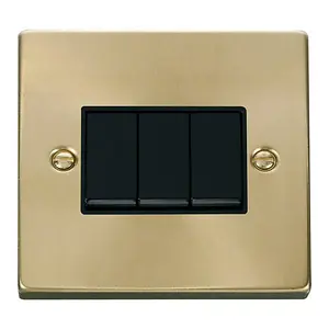 Satin / Brushed Brass 10A 3 Gang 2 Way Light Switch - Black Trim - SE Home