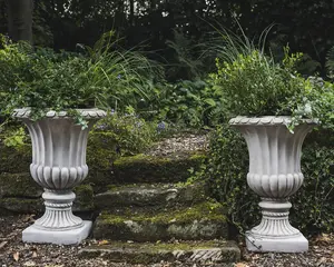 Pair of Large Fluted Stone Garden Vases