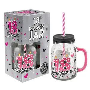 18th Birthday Mason Jar With Metal Lid Glass Handle and Pink/White Straw