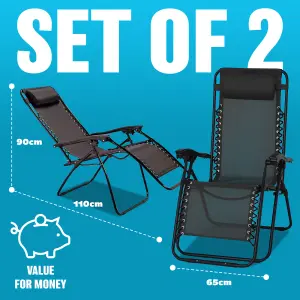 Set Of 2 Reclining Sun Lounger Outdoor Garden Patio Gravity Chair Foldable Loungers