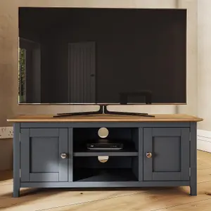 2 Door Solid Oak Ready Assembled TV Unit Graphite Blue