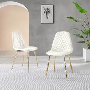 Set of 2 Corona White Soft Touch Diamond Stitched Faux Leather Gold Chrome Leg Dining Chairs