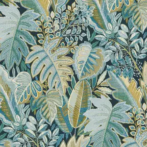 Grandeco Tribal Leaf Foliage Textured Wallpaper, Aqua Blue & Green