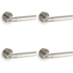 4 PACK - SOLID BRASS Hex Door Handle Set - Polished Nickel Industrial Lever Round Rose